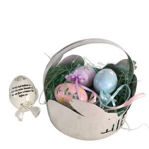 Vintage Easter Set Tin Bunny Basket w Hand Painted Eggs + The Egg Lady Porcelain